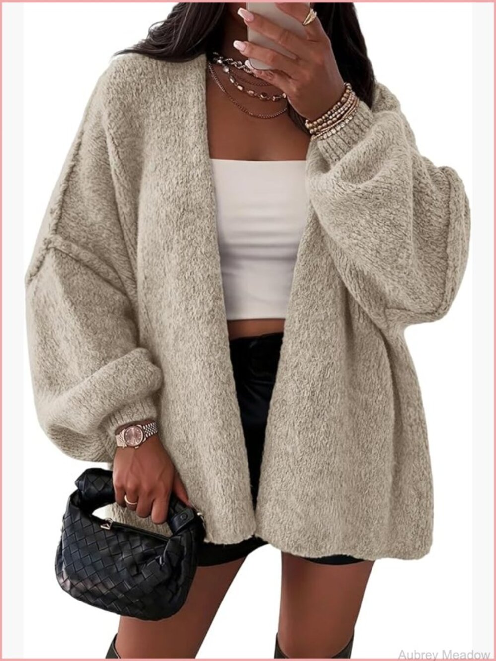 Oversized Cardigan Sweater Long Lantern Sleeve Open Front Knit Lightweight